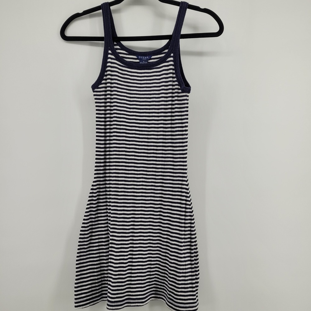 Guess Jeans Womens S Navy Blue White Striped Knit Bodycon Y2K Tank Mini Dress